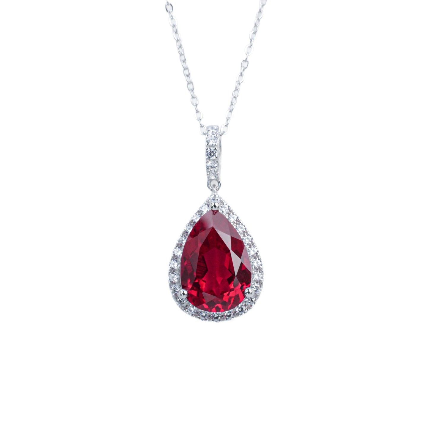 925 Sterling Silver Lab Ruby Teardrop Halo Pendant Choker, Elegant Jewellery - Photo 5
