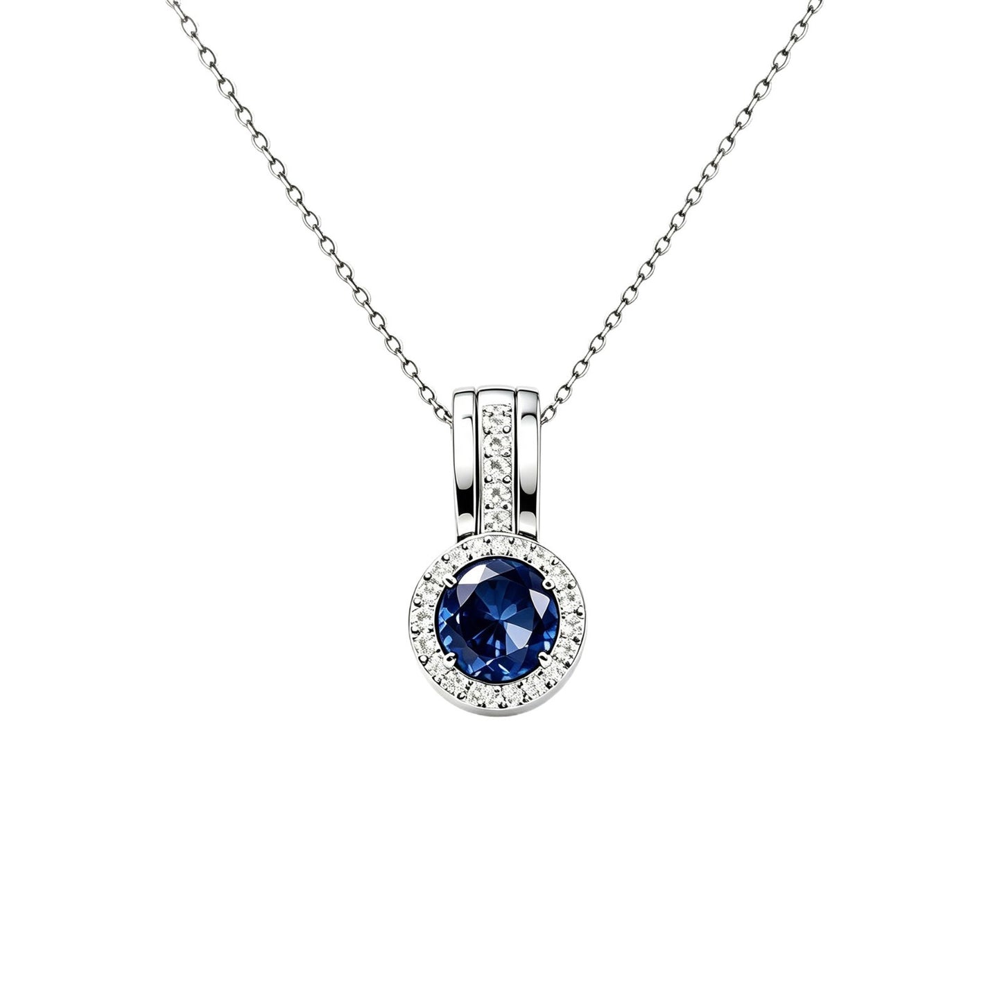 S925 Silver Lab Sapphire Round Halo Pendant Pave Diamond, Anniversary Gift - Photo 5