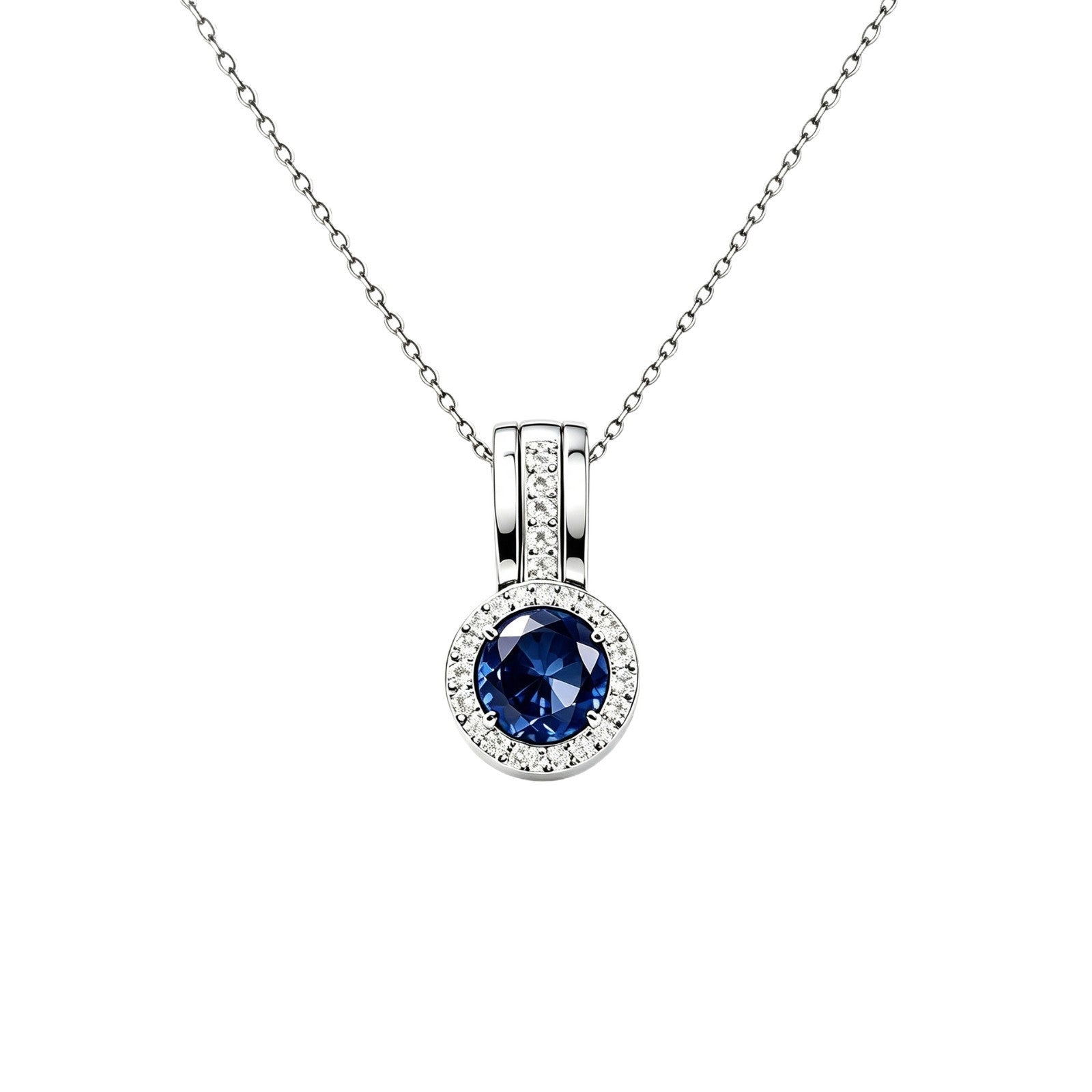S925 Silver Lab Sapphire Round Halo Pendant Pave Diamond, Anniversary Gift - Photo 5