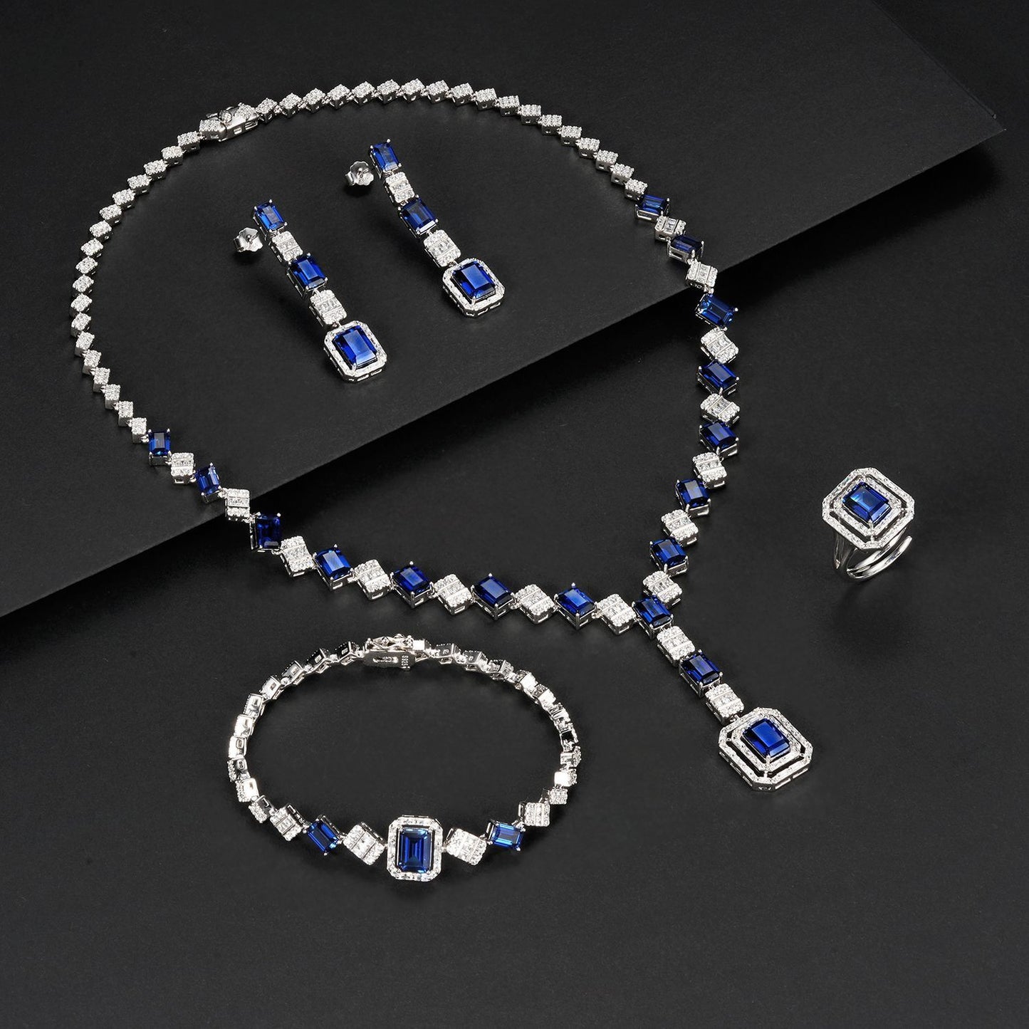 925 Sterling Silver Lab Sapphire 4-Piece Jewellery Set, Vintage Luxurious Wedding for Women - Photo 2
