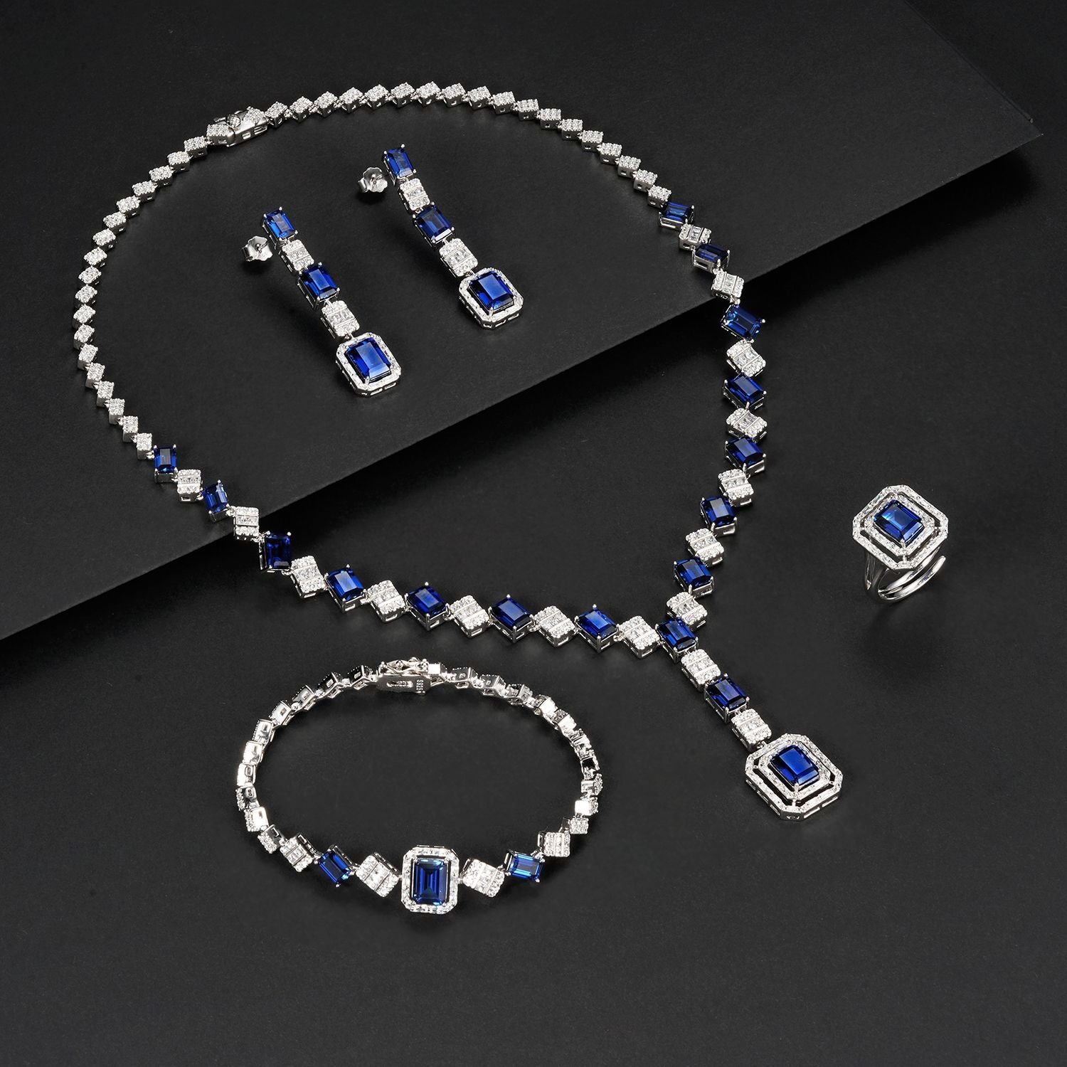 925 Sterling Silver Lab Sapphire 4-Piece Jewellery Set, Vintage Luxurious Wedding for Women - Photo 2