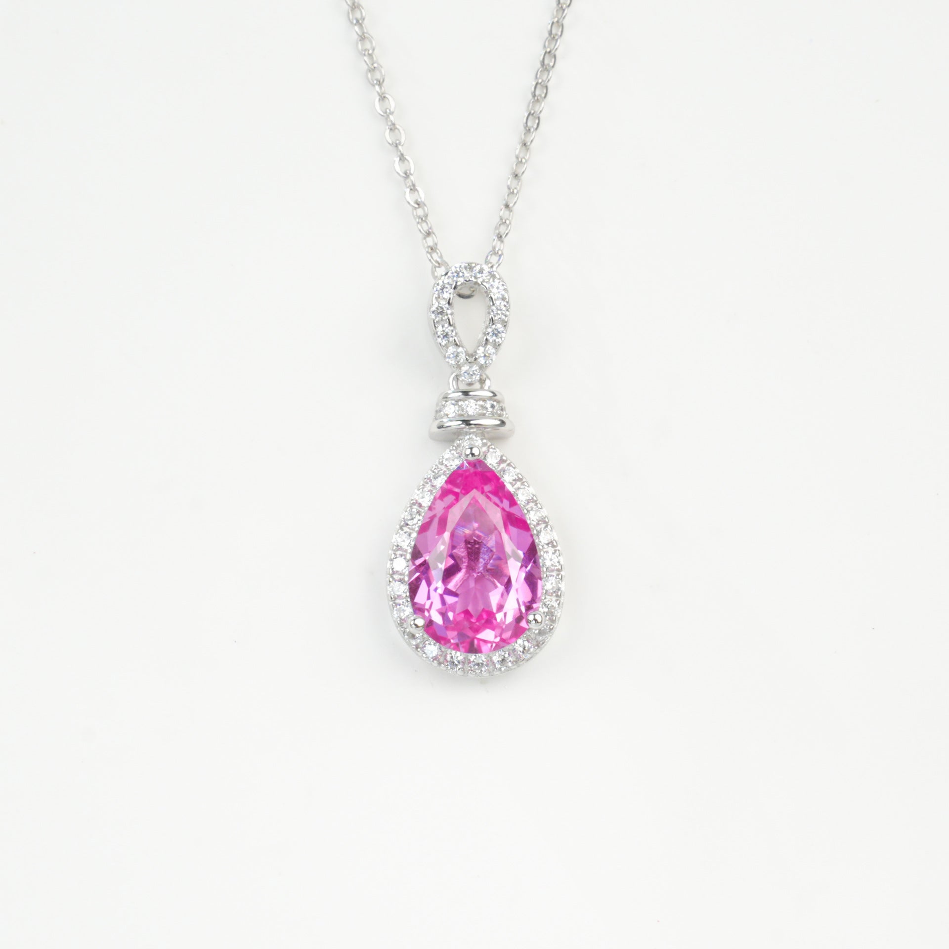 S925 Sterling Silver Lab Padparadscha Teardrop Halo Necklace, Date Premium for Women - Photo 5