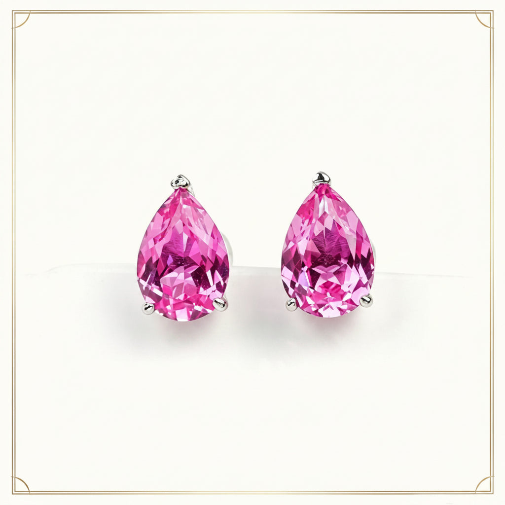 S925 Sterling Silver Lab Padparadscha Teardrop Stud Earrings, Minimalist Designer - Photo 1