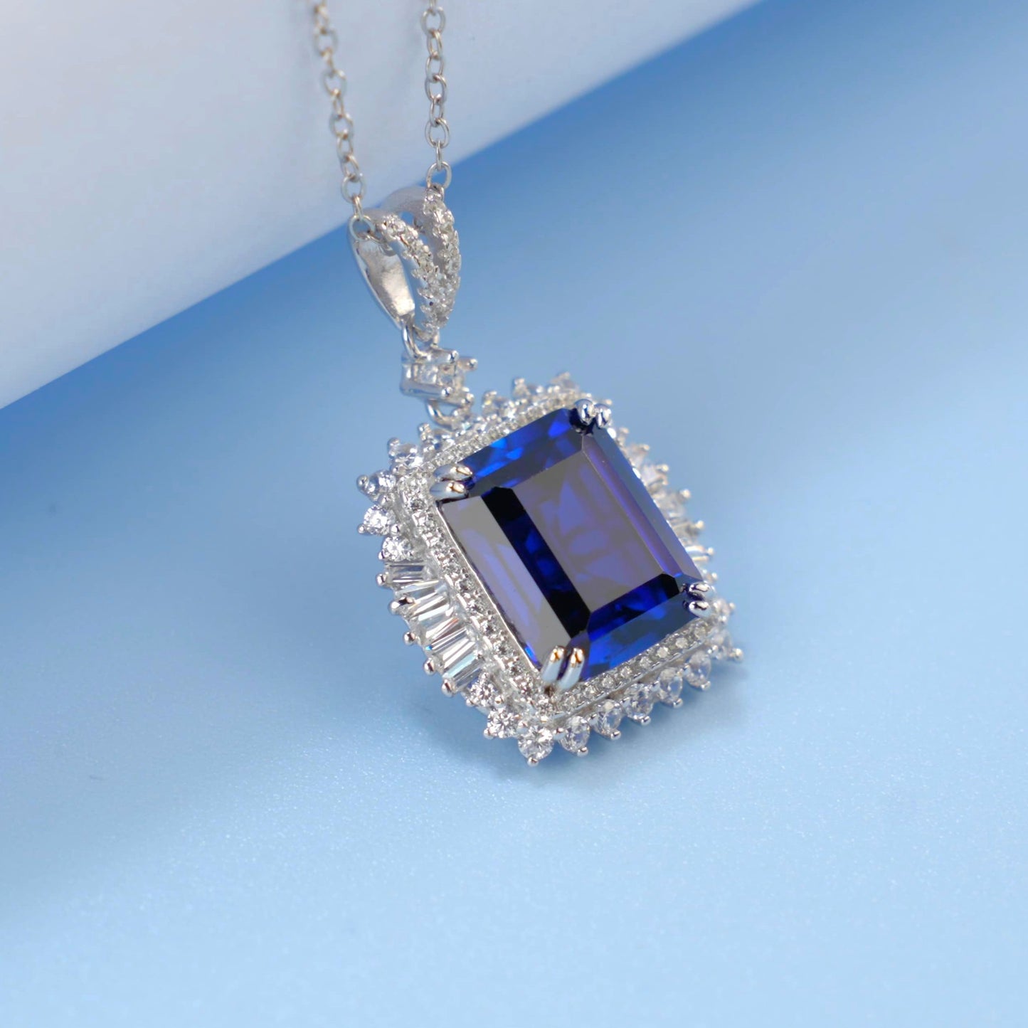 S925 Sterling Silver Lab Royal Blue Square Gemstone Pendant Choker, Premium - Photo 2