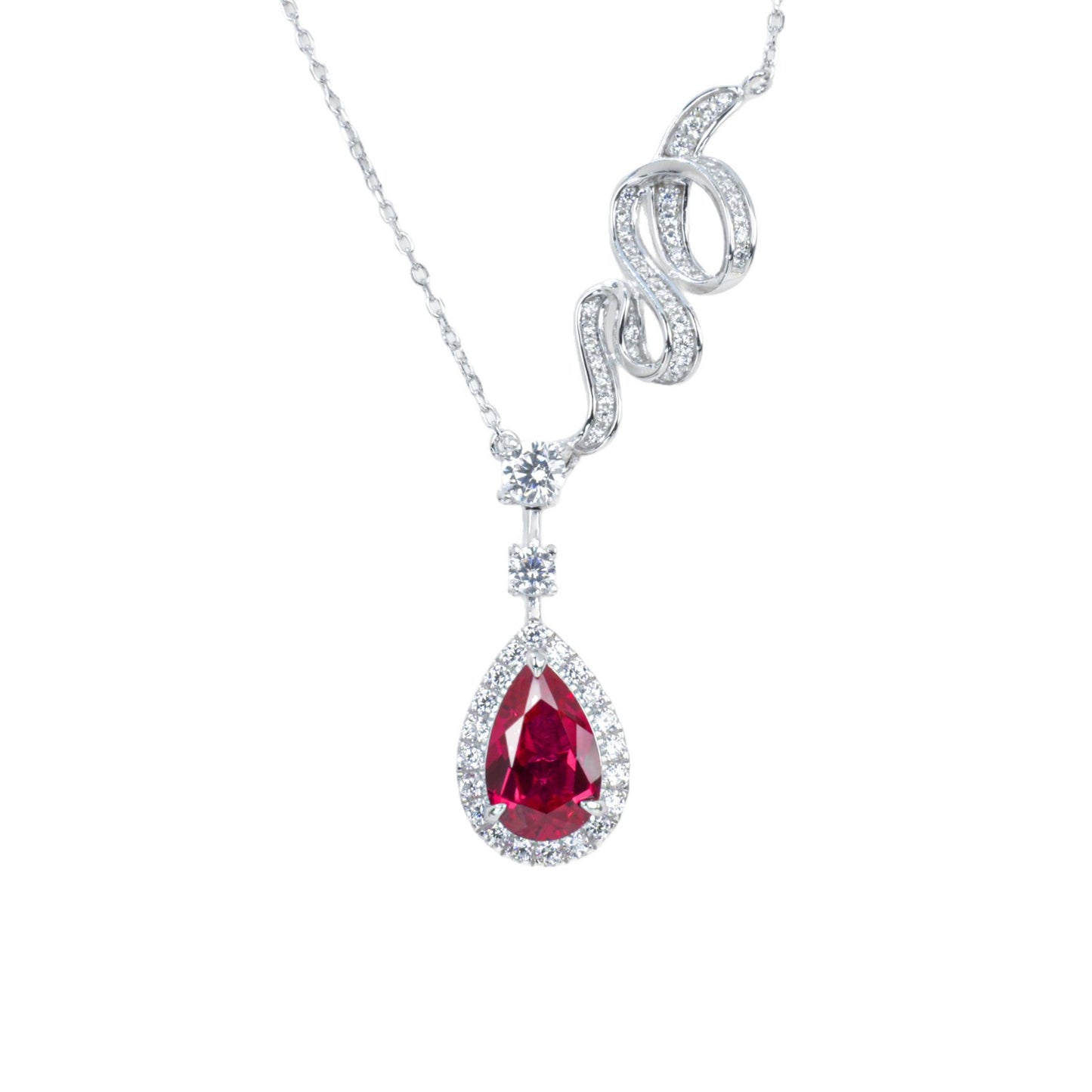 S925 Silver Twisted Diamond Chain Teardrop Lab Ruby Pendant Necklace - Photo 5