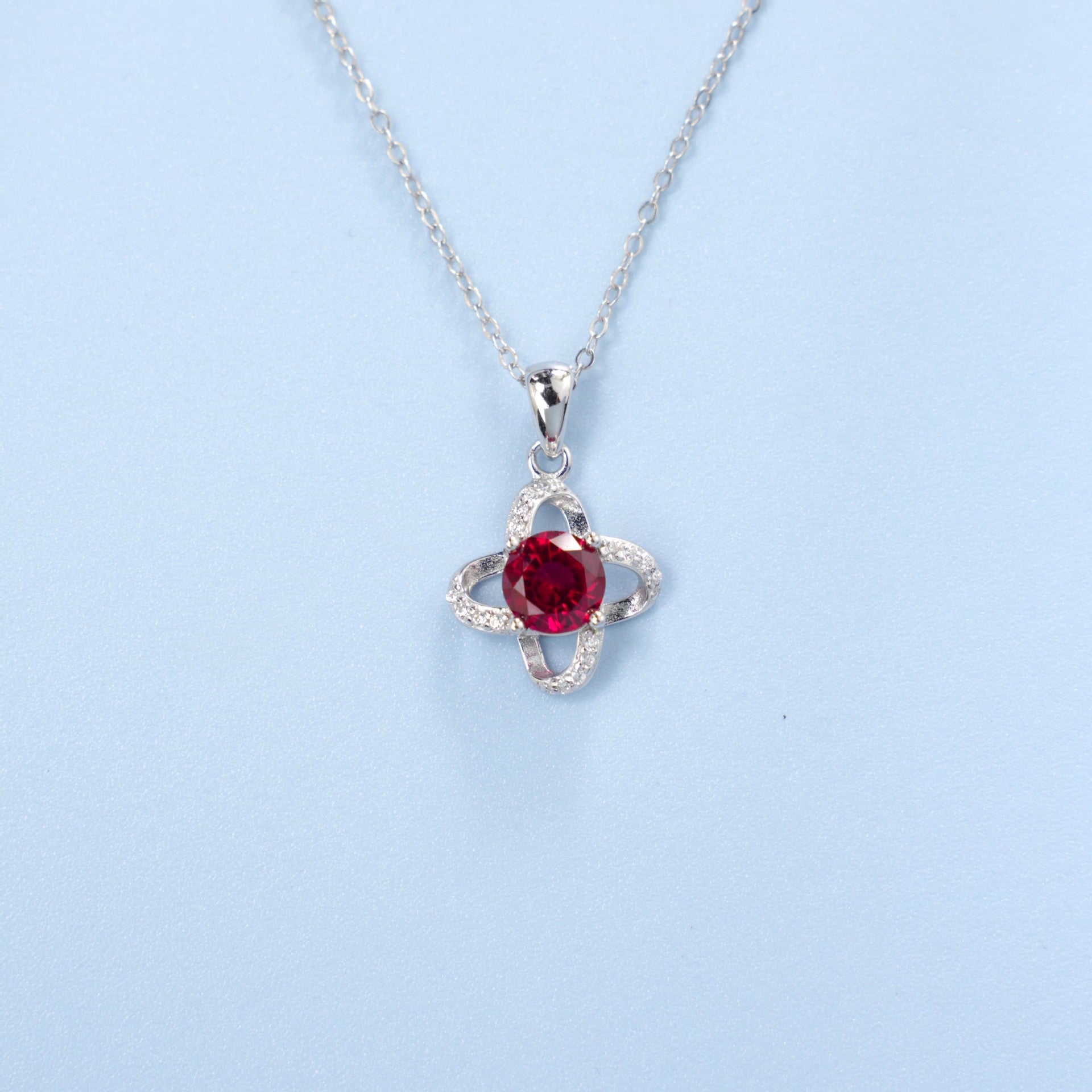 S925 Sterling Silver Lab Ruby Four-Leaf Clover Pendant Choker Necklace, Girlfriend Gift - Photo 6