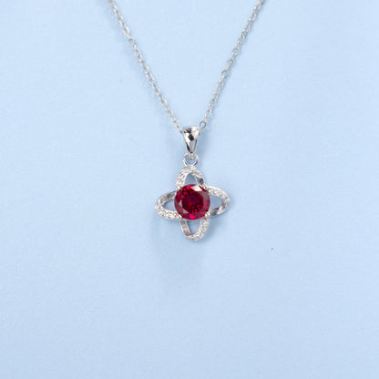 S925 Sterling Silver Lab Ruby Four-Leaf Clover Pendant Choker Necklace, Girlfriend Gift - Photo 6