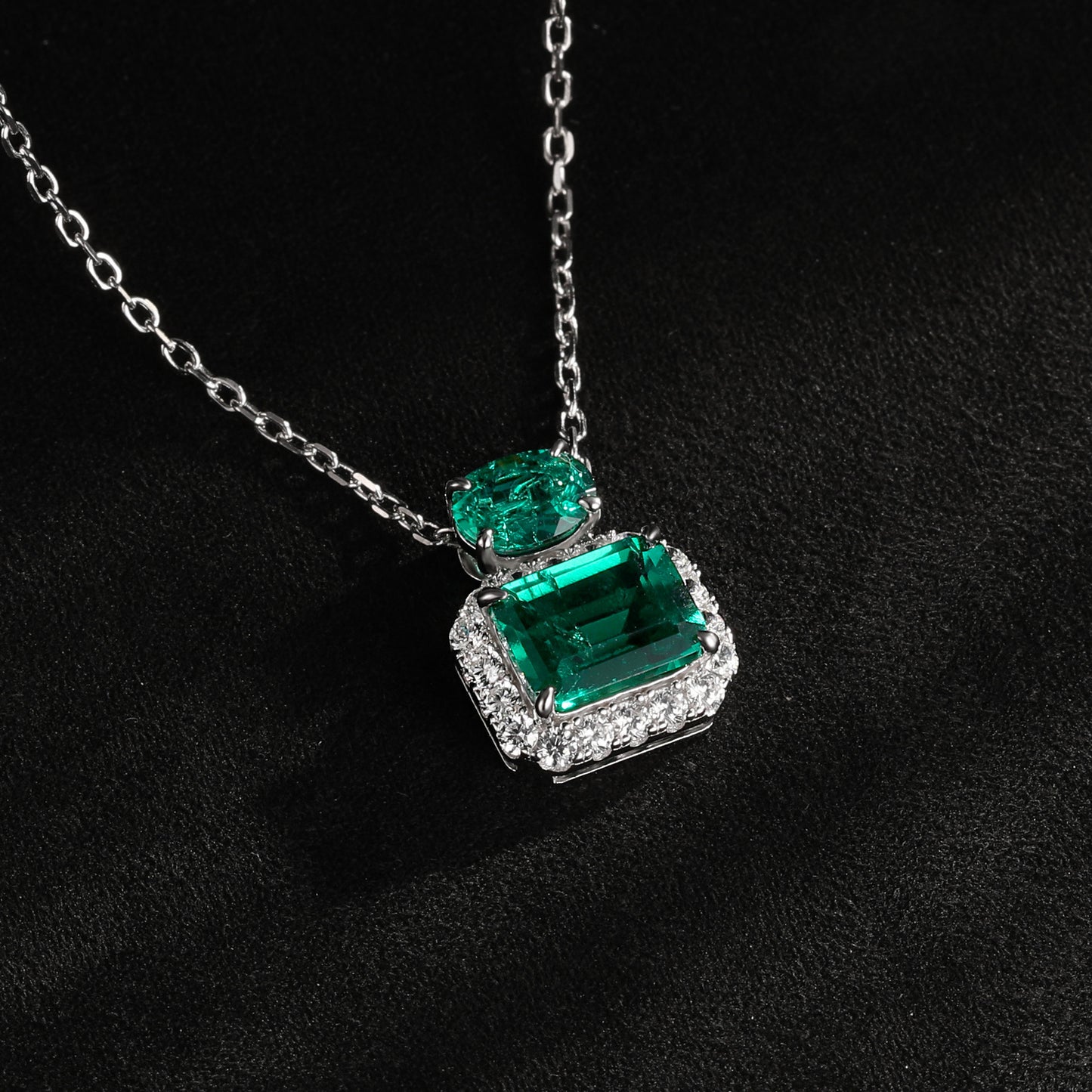 S925 Silver Lab Emerald Necklace Square Premium - Photo 3