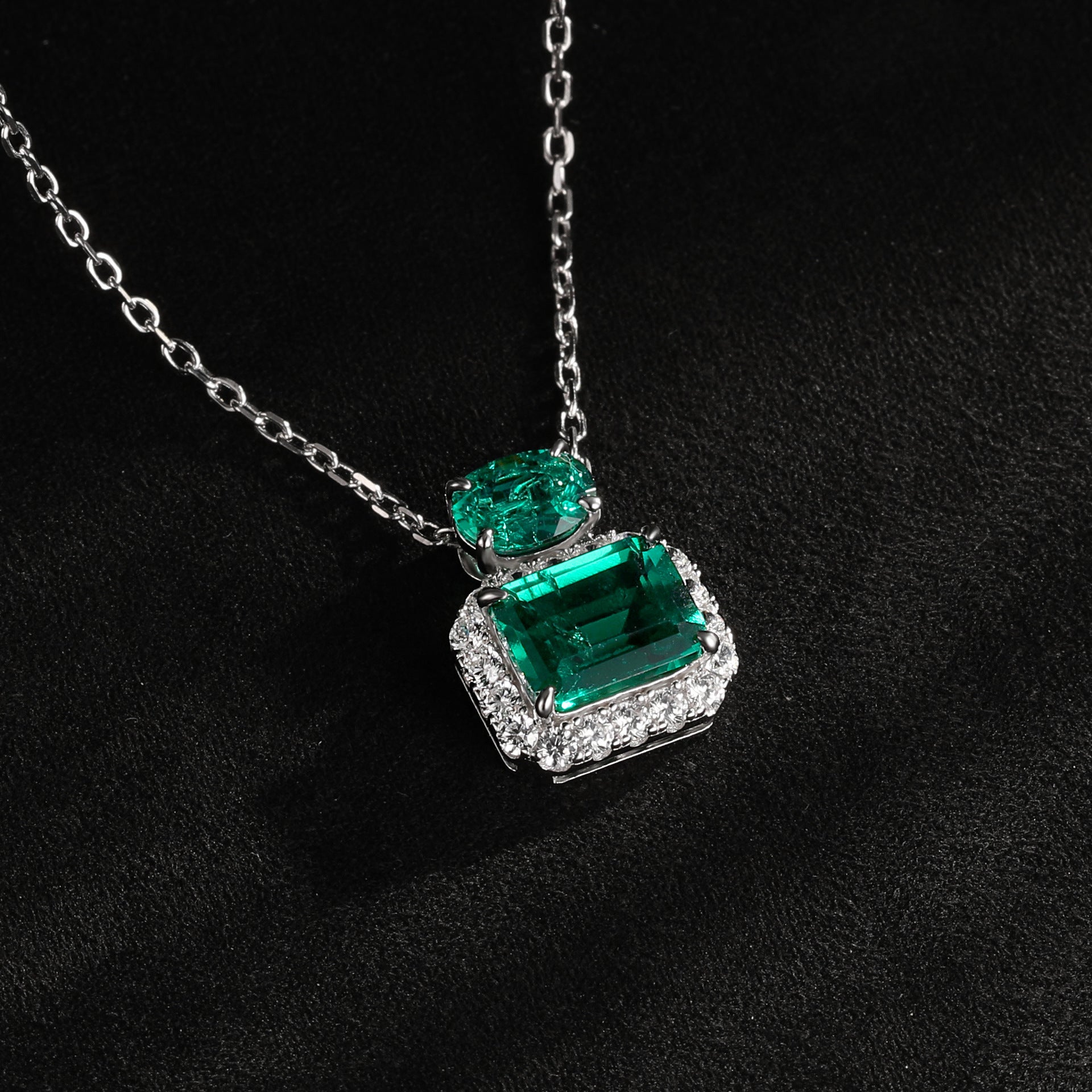 S925 Silver Lab Emerald Necklace Square Premium - Photo 3