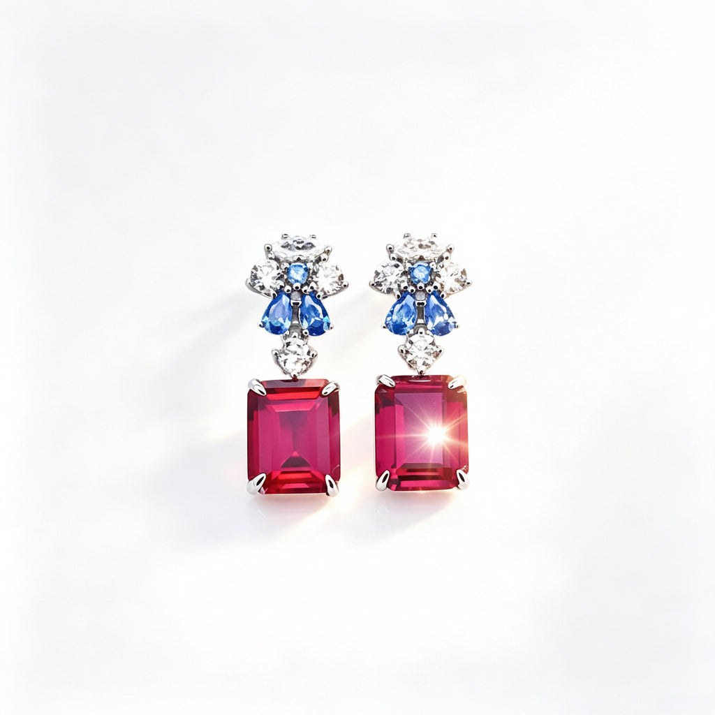 S925 Silver Colour-Block Rectangle Corundum Stud Earrings, French Vintage Premium - Photo 1