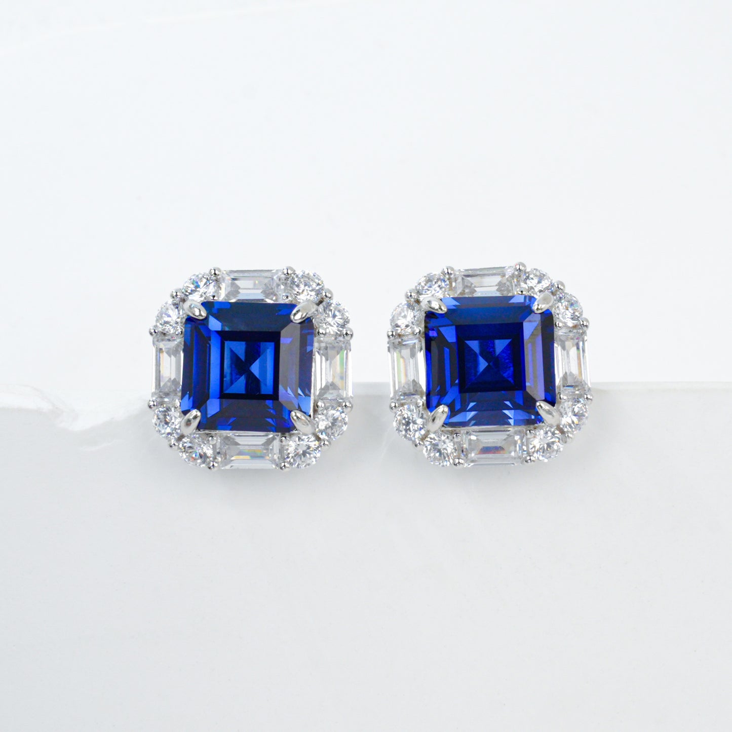 S925 Silver Lab Sapphire Stud Earrings Square Double-Layer Step Diamond Halo, Date Business Evening - Photo 6