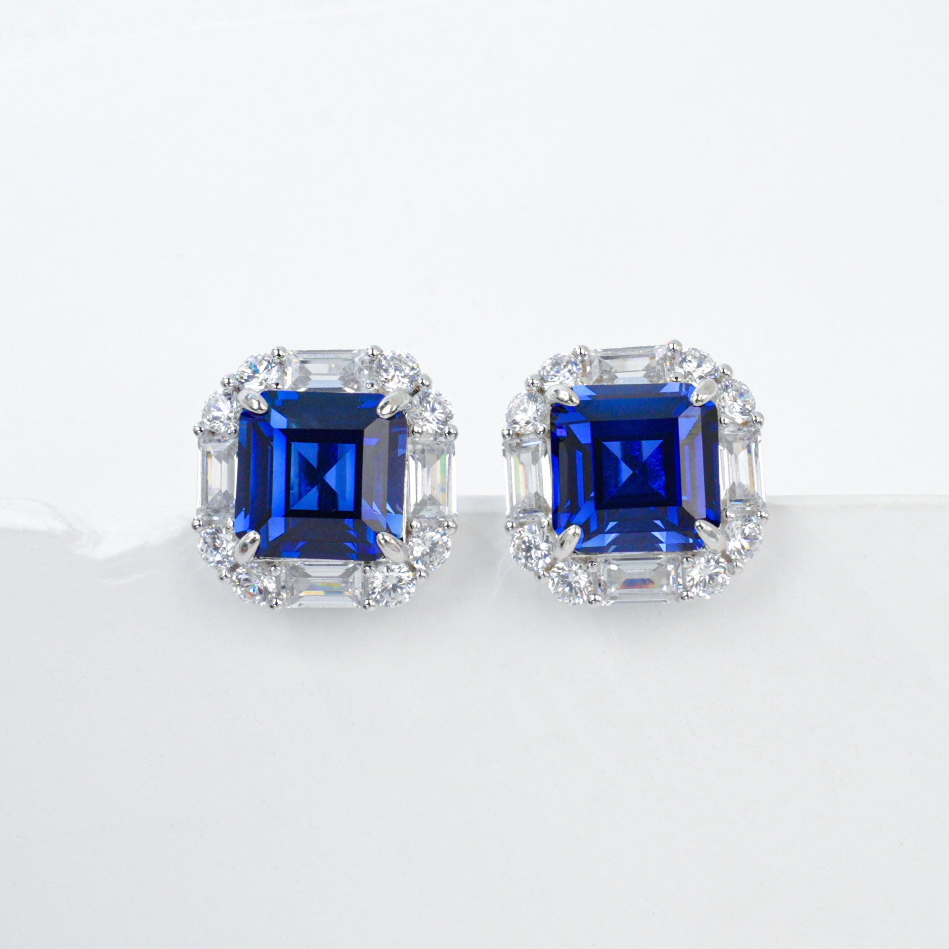 S925 Silver Lab Sapphire Stud Earrings Square Double-Layer Step Diamond Halo, Date Business Evening - Photo 6