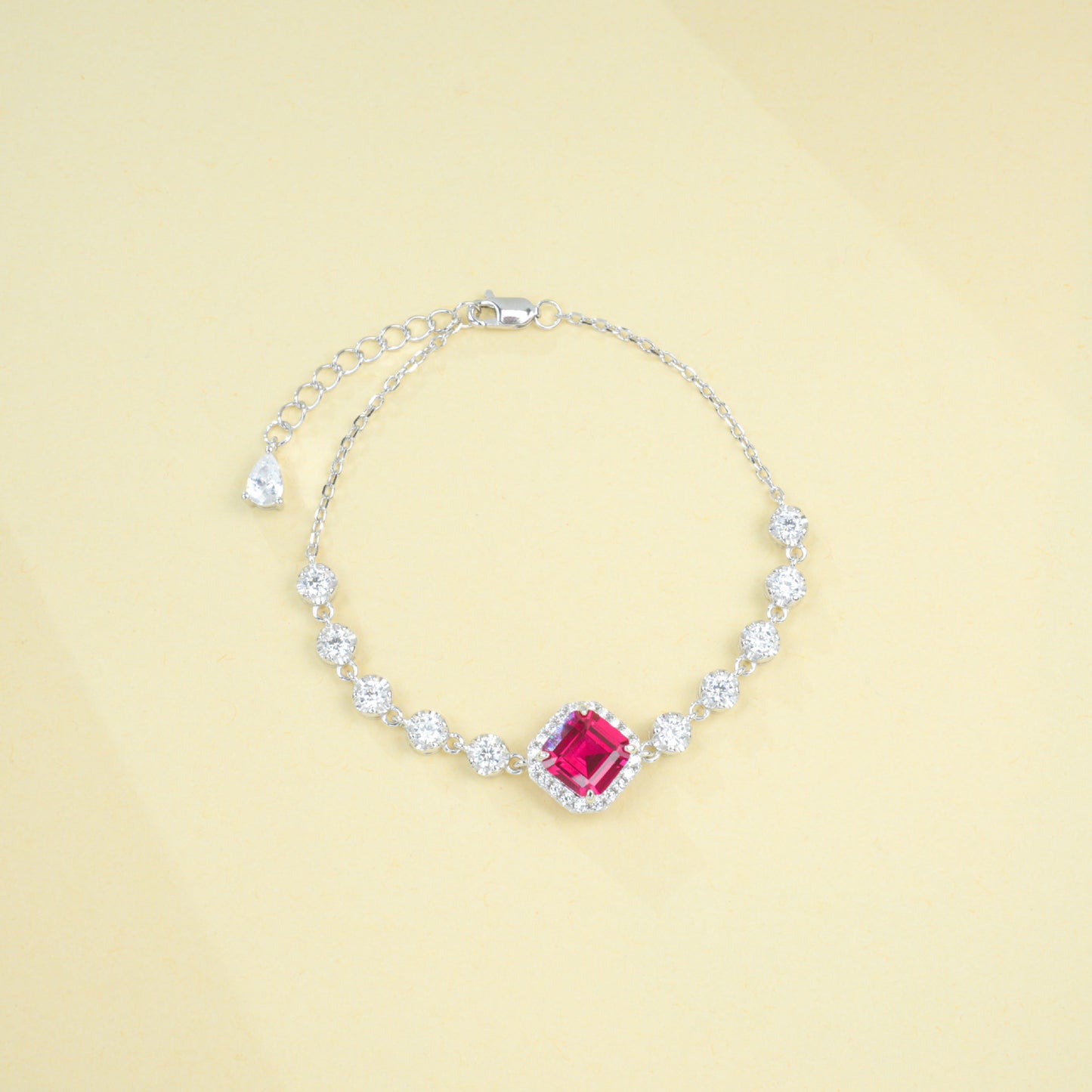 S925 Sterling Silver Lab Ruby Pave Halo Bracelet - Photo 4