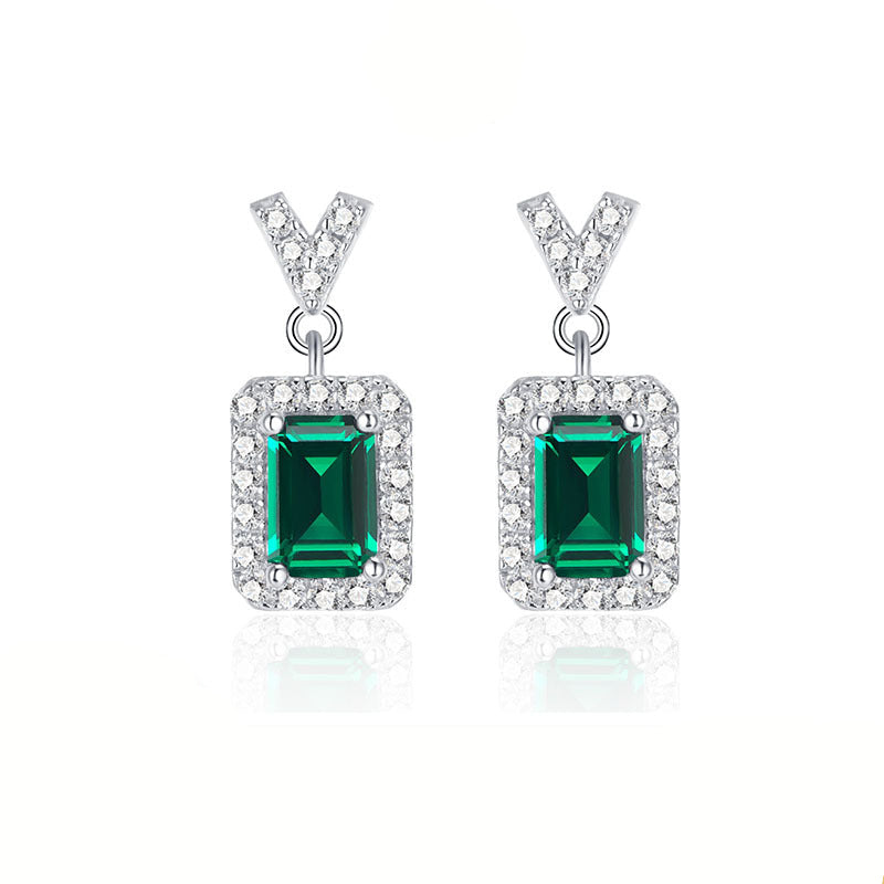 Lab Emerald S925 Silver Stud Earrings, Vintage Premium Princess - Photo 1