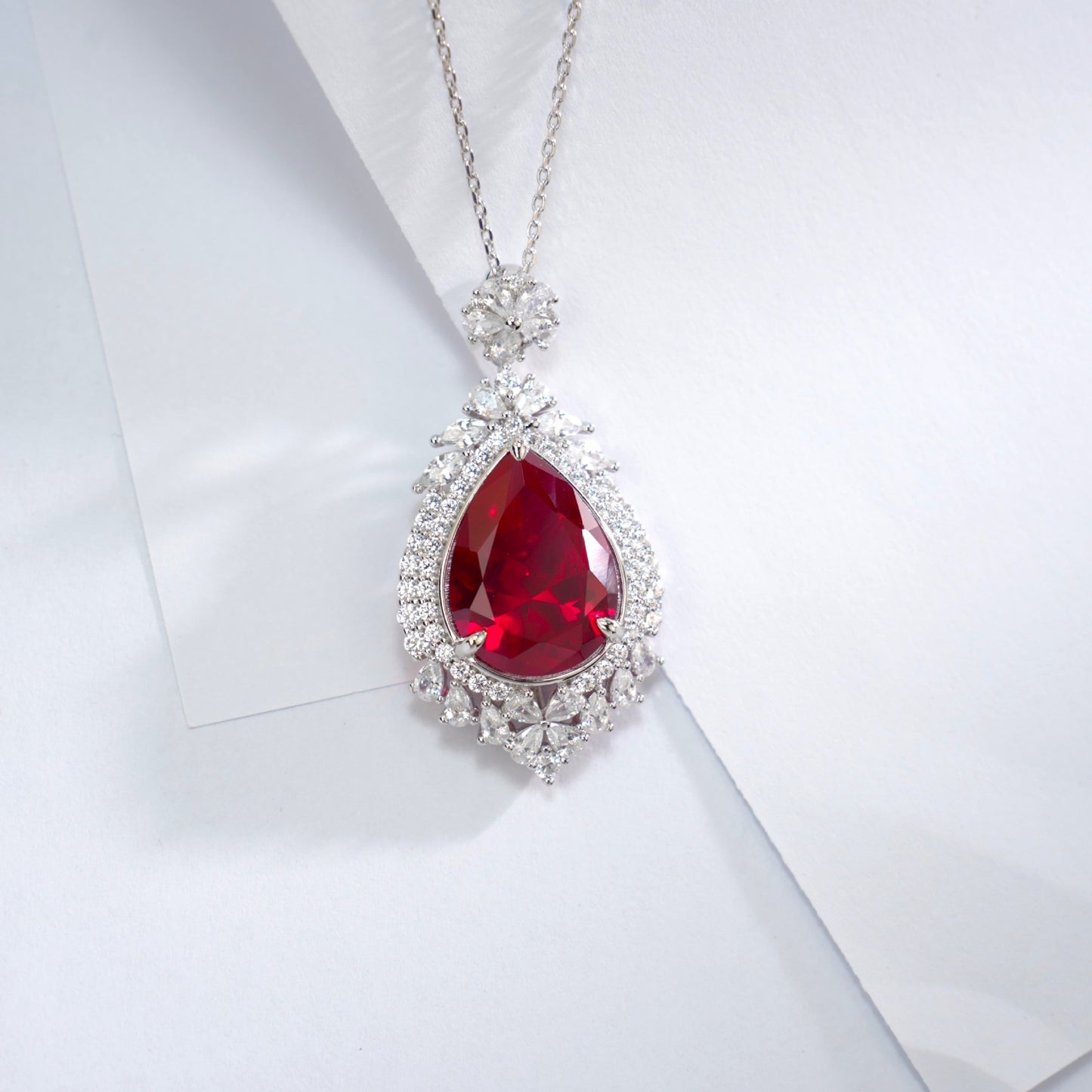 S925 Sterling Silver Lab Ruby Teardrop Necklace, Diamond Halo Choker - Photo 1