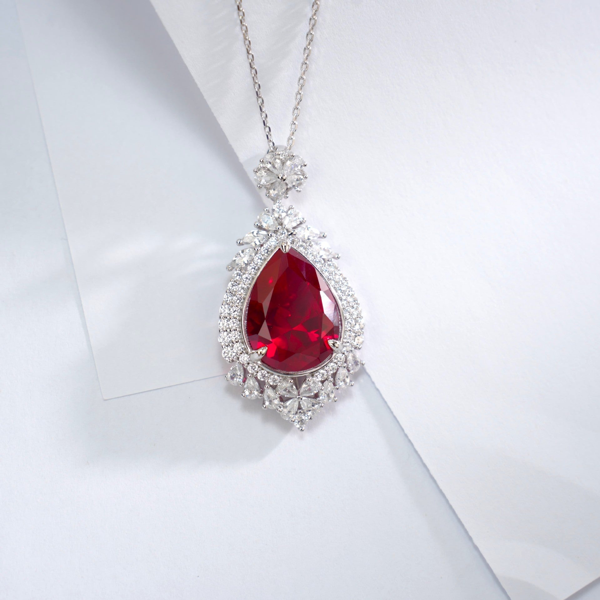 S925 Sterling Silver Lab Ruby Teardrop Necklace, Diamond Halo Choker - Photo 1