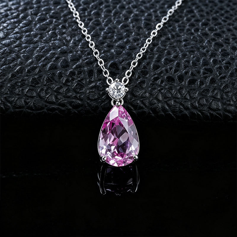 S925 Silver Pear Teardrop Lab Pink Diamond Necklace, Small Diamond Simple - Photo 3