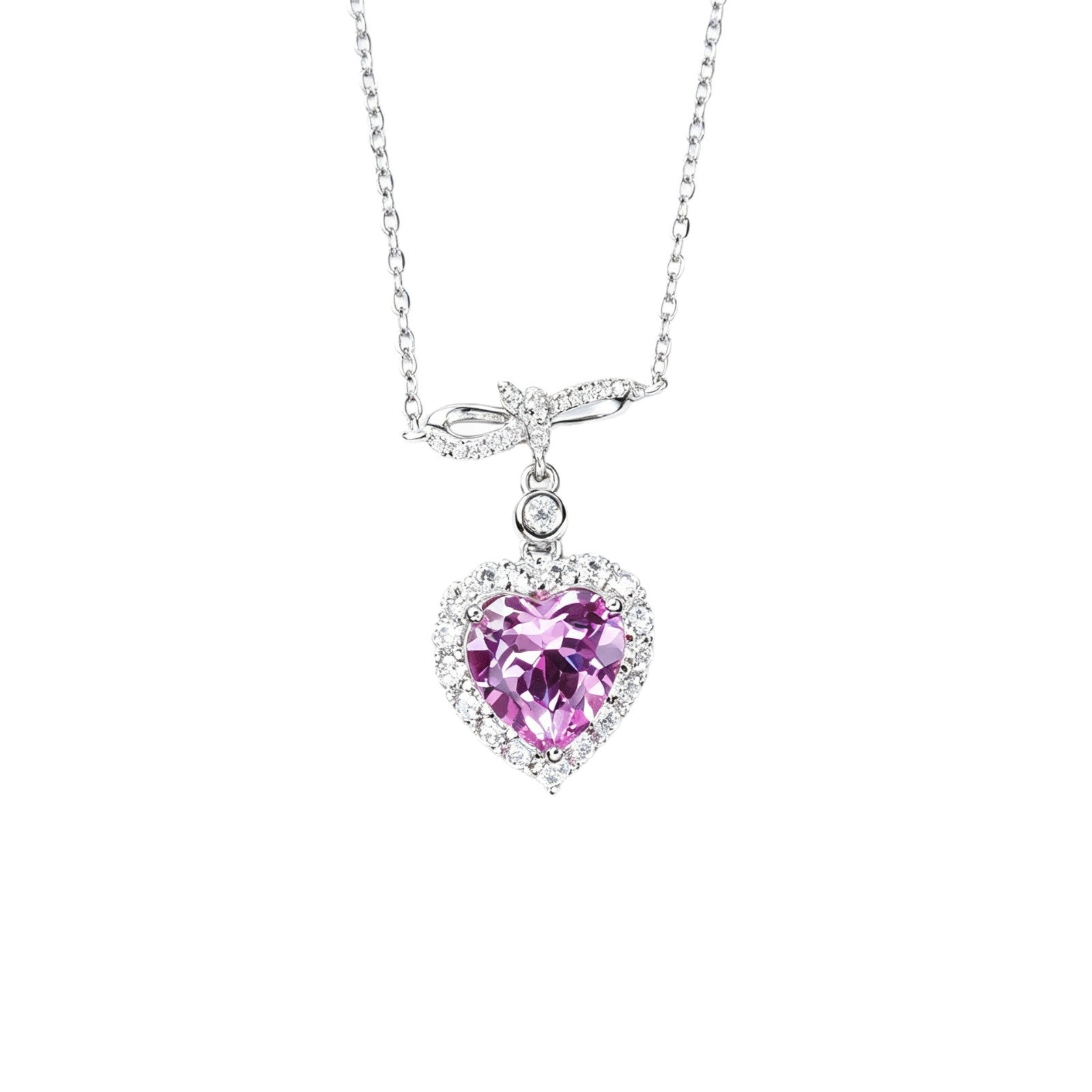 S925 Silver Heart Lab Pink Sapphire Necklace, Full Diamond Halo - Photo 5