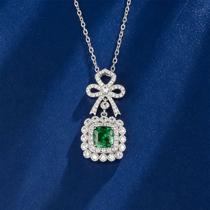 S925 Silver Full Diamond Bow Pendant, Square Halo Lab - Photo 3