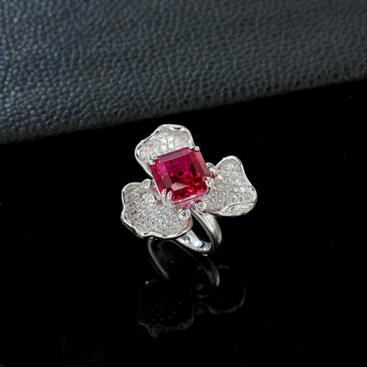 925 Sterling Silver Lab Ruby Square Three-Petal Ring, Premium Designer - Photo 2