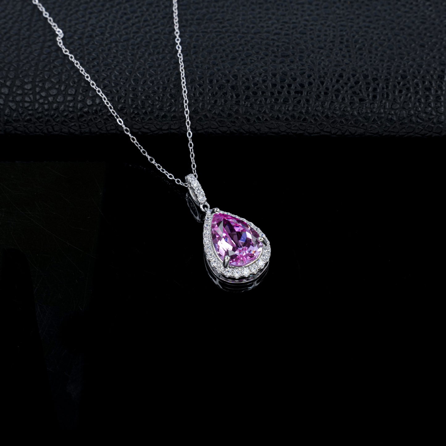 S925 Silver Pear Teardrop Lab Pink Gemstone Halo Necklace, Evening Pendant Birthday - Photo 3