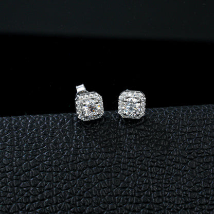 S925 Silver Sugarloaf Halo Sparkling Stone Stud Earrings, Square Cushion Earrings - Photo 2
