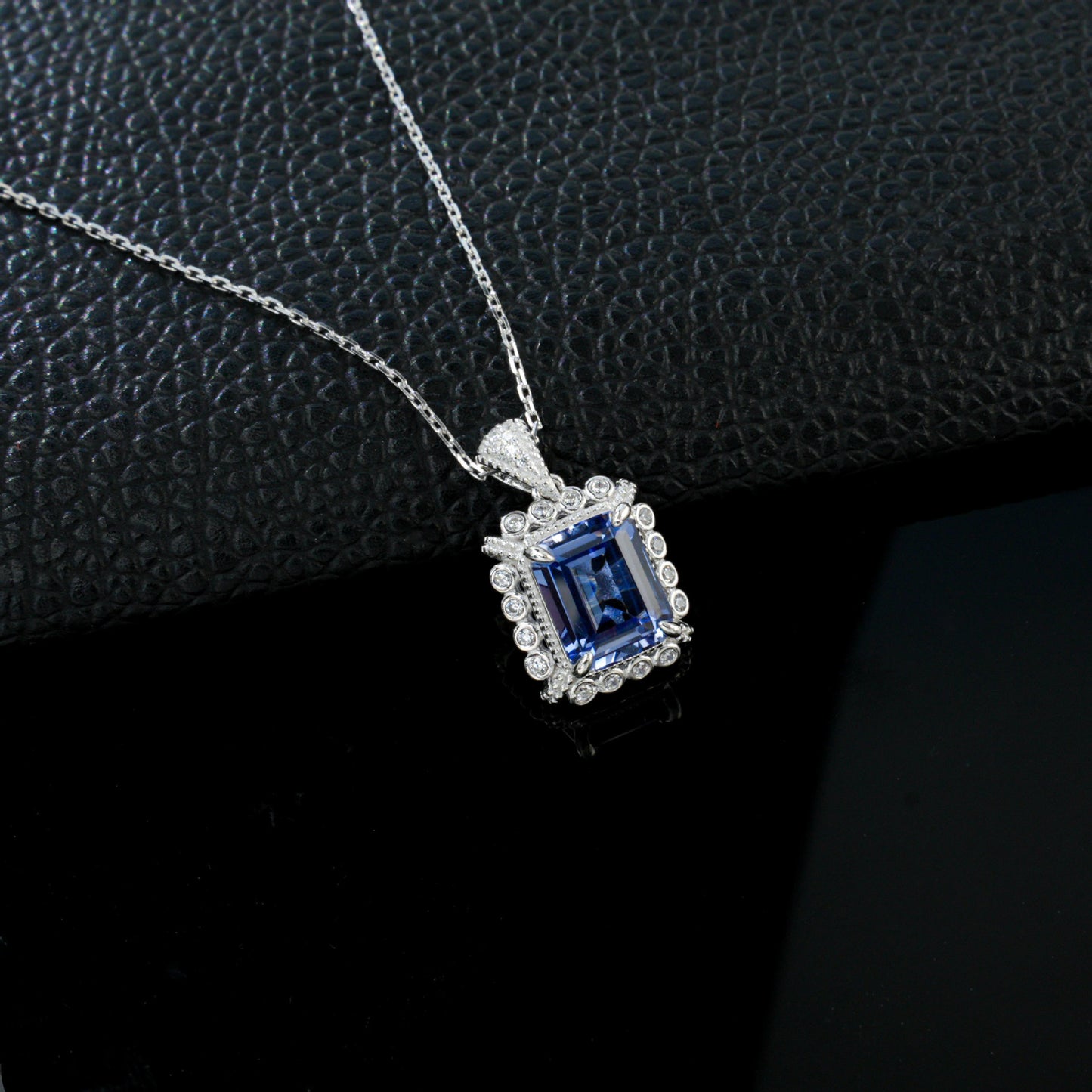 925 Sterling Silver Lab Sapphire Square Pave Choker Necklace, Elegant Versatile - Photo 3