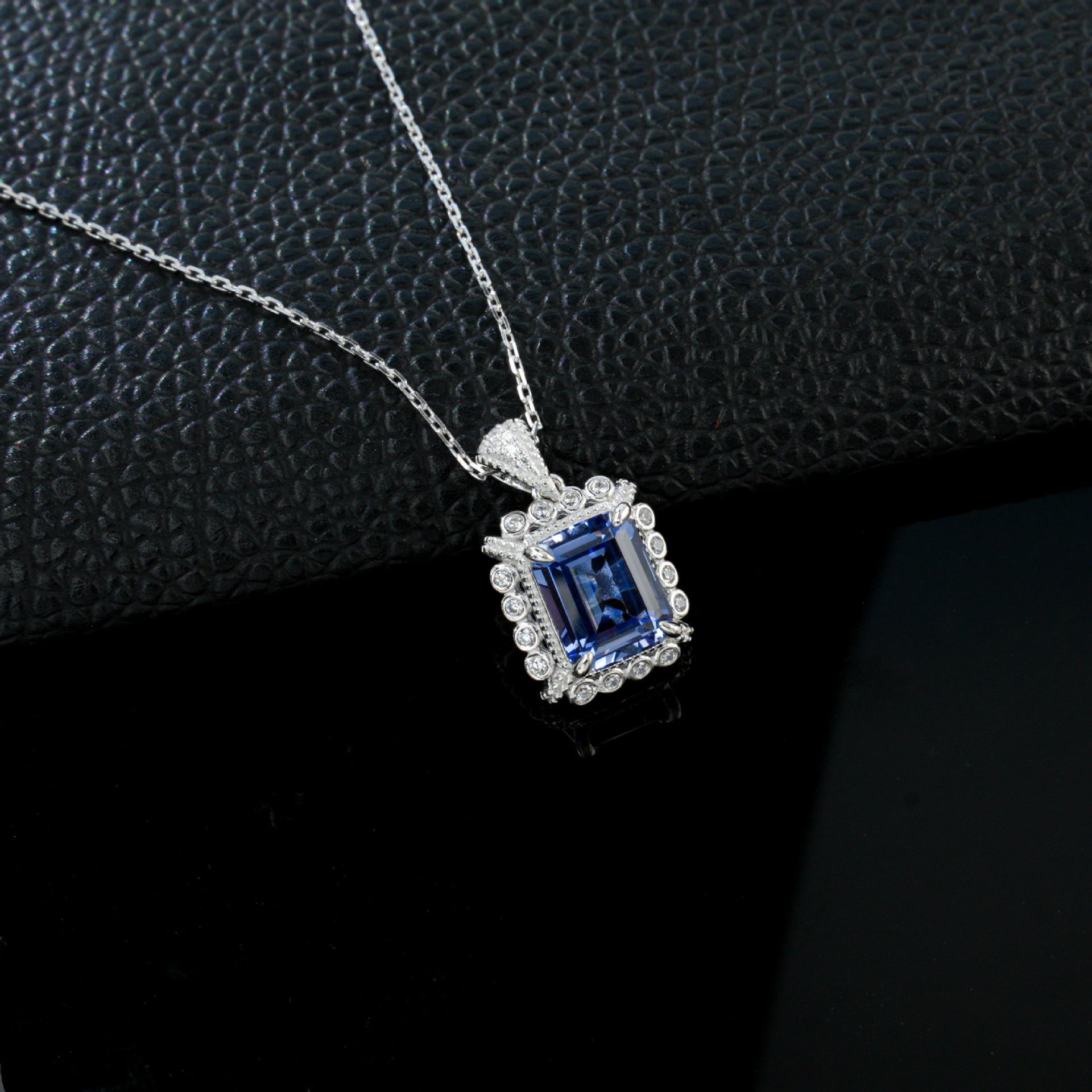 925 Sterling Silver Lab Sapphire Square Pave Choker Necklace, Elegant Versatile - Photo 3