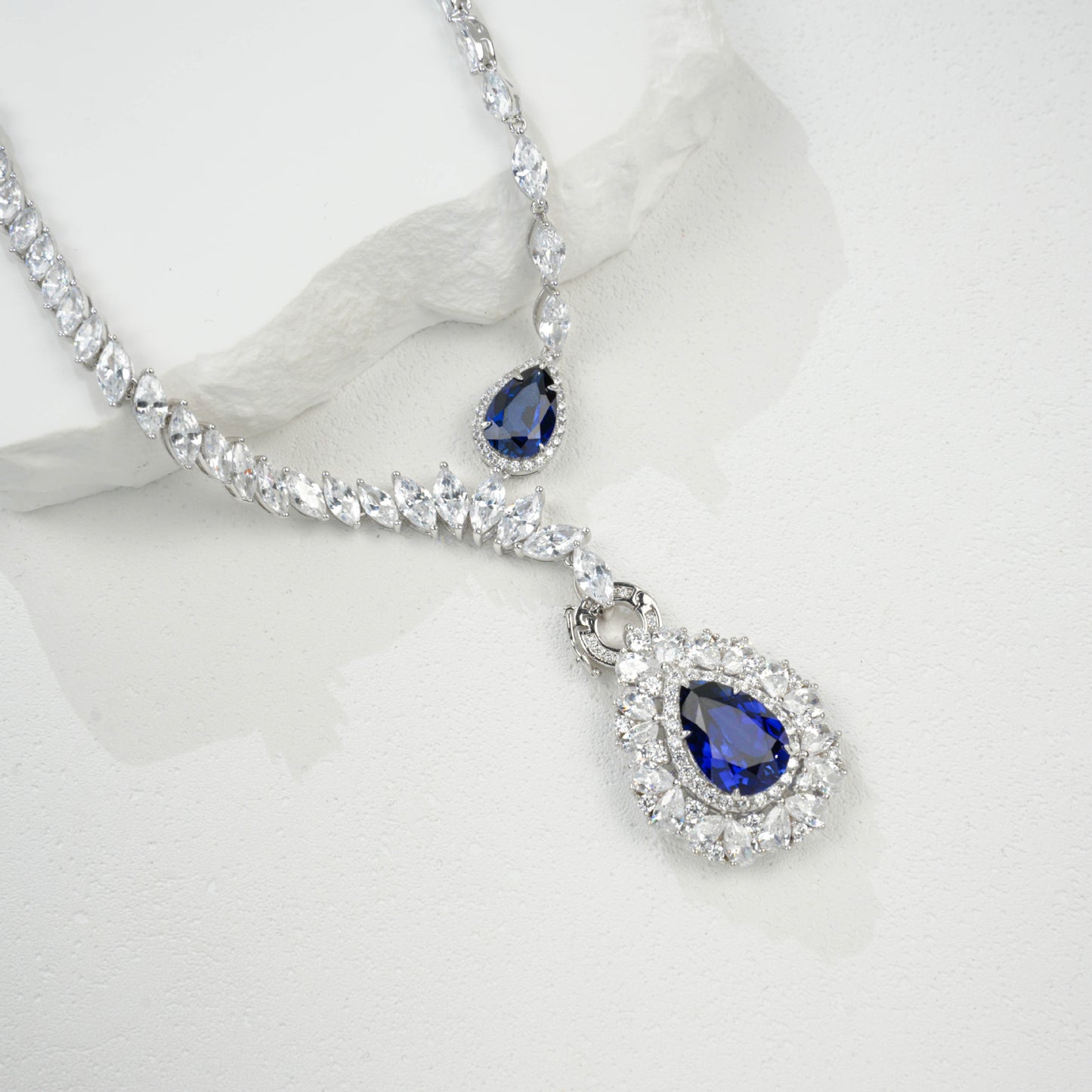 S925 Sterling Silver Lab Sapphire Teardrop Heavy Pave Necklace, Premium Gown - Photo 4
