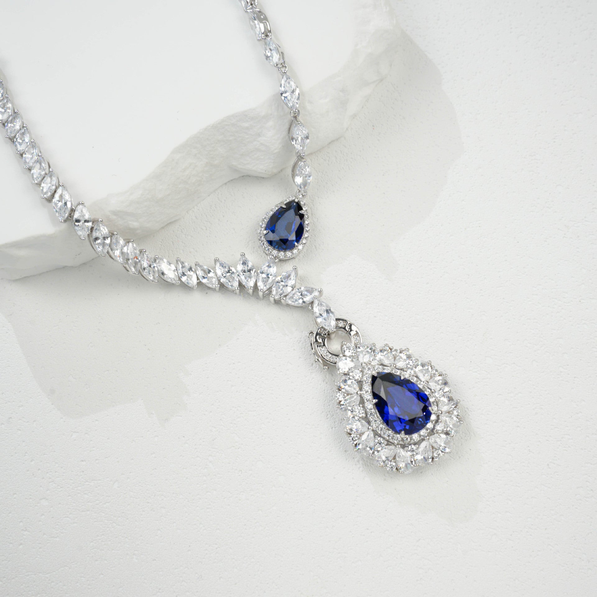 S925 Sterling Silver Lab Sapphire Teardrop Heavy Pave Necklace, Premium Gown - Photo 4