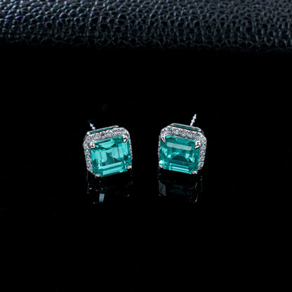 S925 Silver Cushion Square Lab Paraiba Tsavorite Full Diamond Halo Stud Earrings, Fresh Gentle - Photo 2