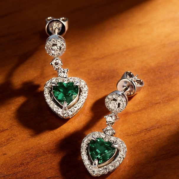S925 Sterling Silver Lab Emerald Heart Halo Long Drop Earrings, for Women - Photo 4
