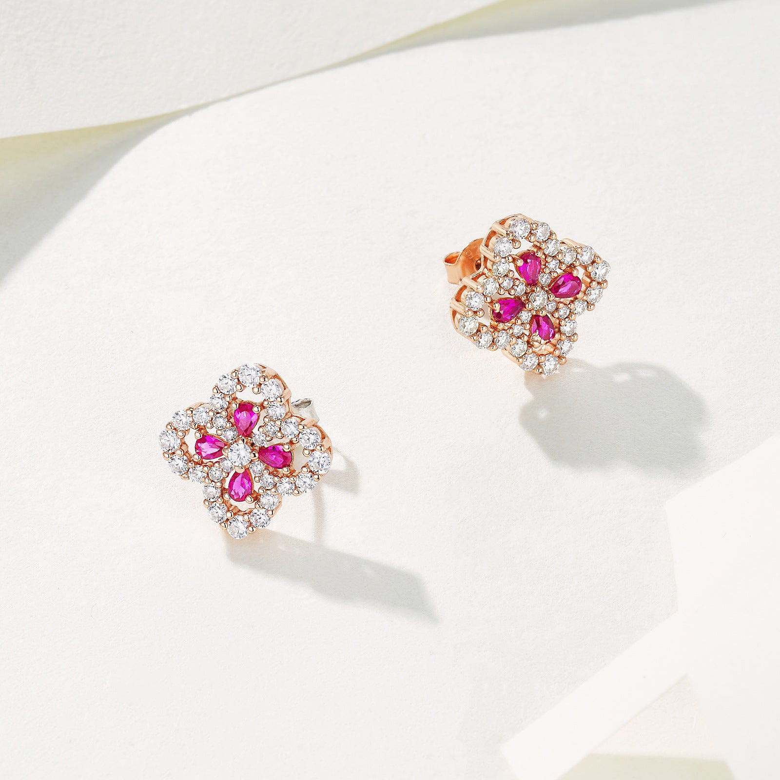 Lab Ruby S925 Silver Four-Leaf Clover Stud Earrings, Premium - Photo 3