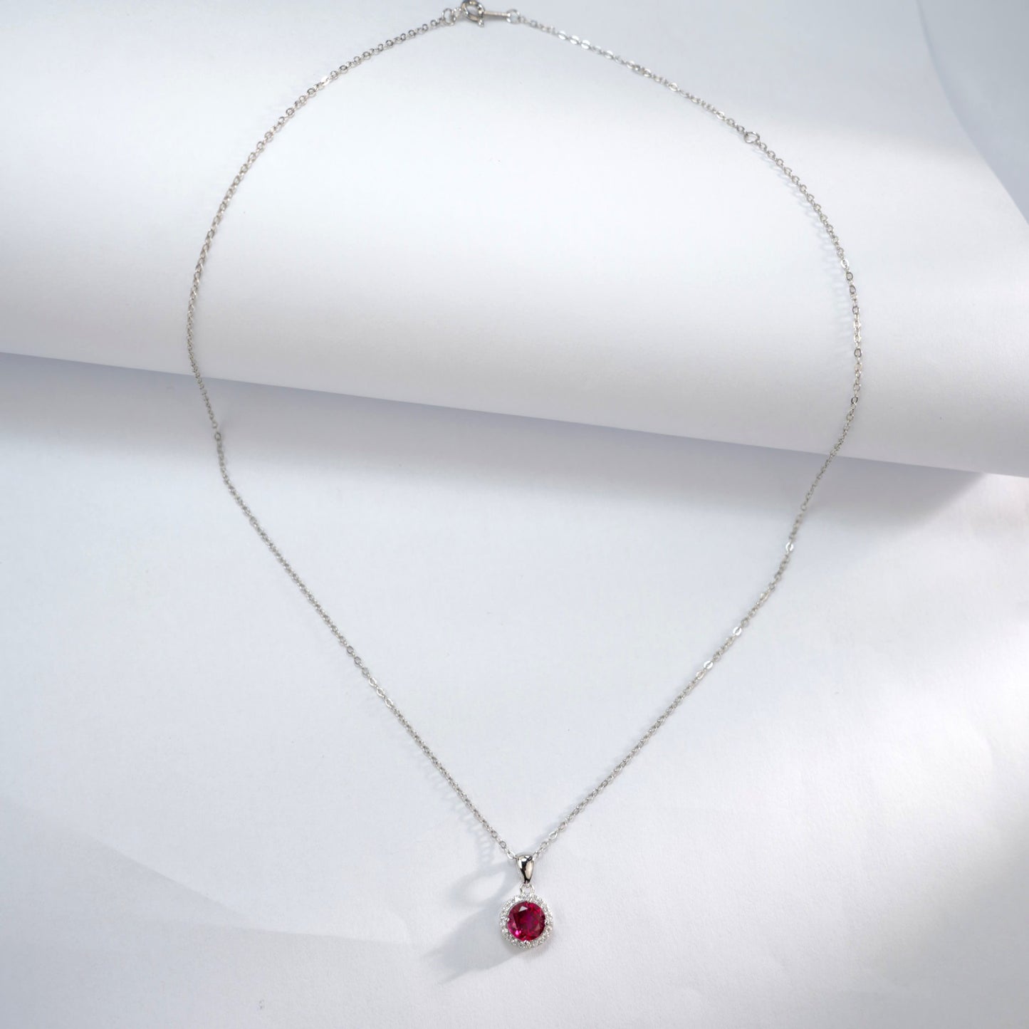 S925 Sterling Silver Lab Pigeon Blood Ruby Round Claw Pendant Choker, Delicate Elegant for Women - Photo 3