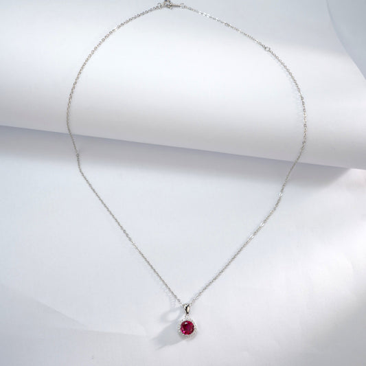 S925 Sterling Silver Lab Pigeon Blood Ruby Round Claw Pendant Choker, Delicate Elegant for Women - Photo 3