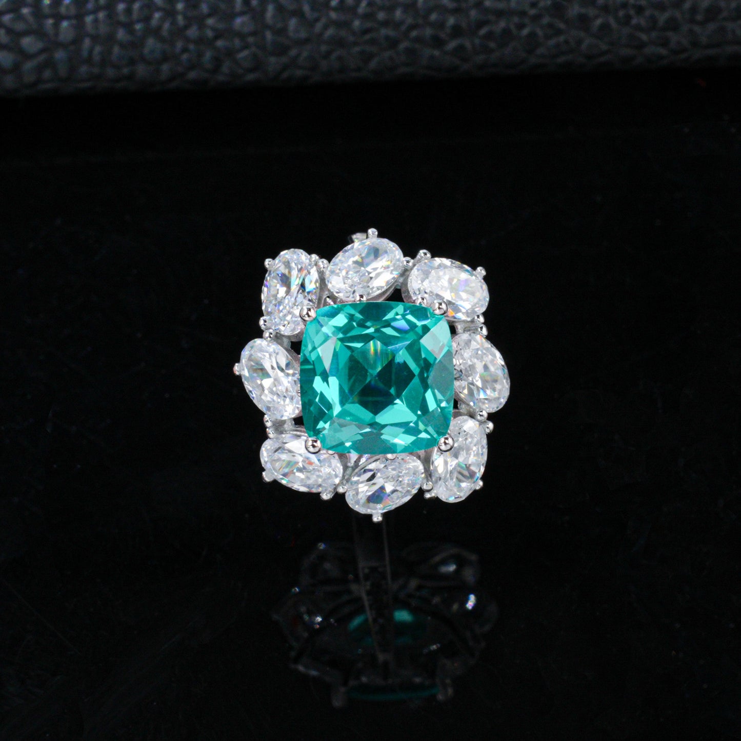 S925 Silver Square Lab Paraiba Tsavorite Pear Diamond Halo Ring, Evening - Photo 2