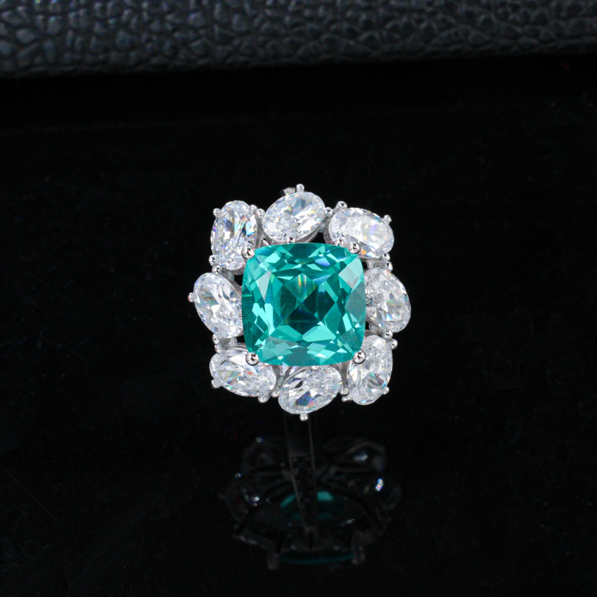 S925 Silver Square Lab Paraiba Tsavorite Pear Diamond Halo Ring, Evening - Photo 2