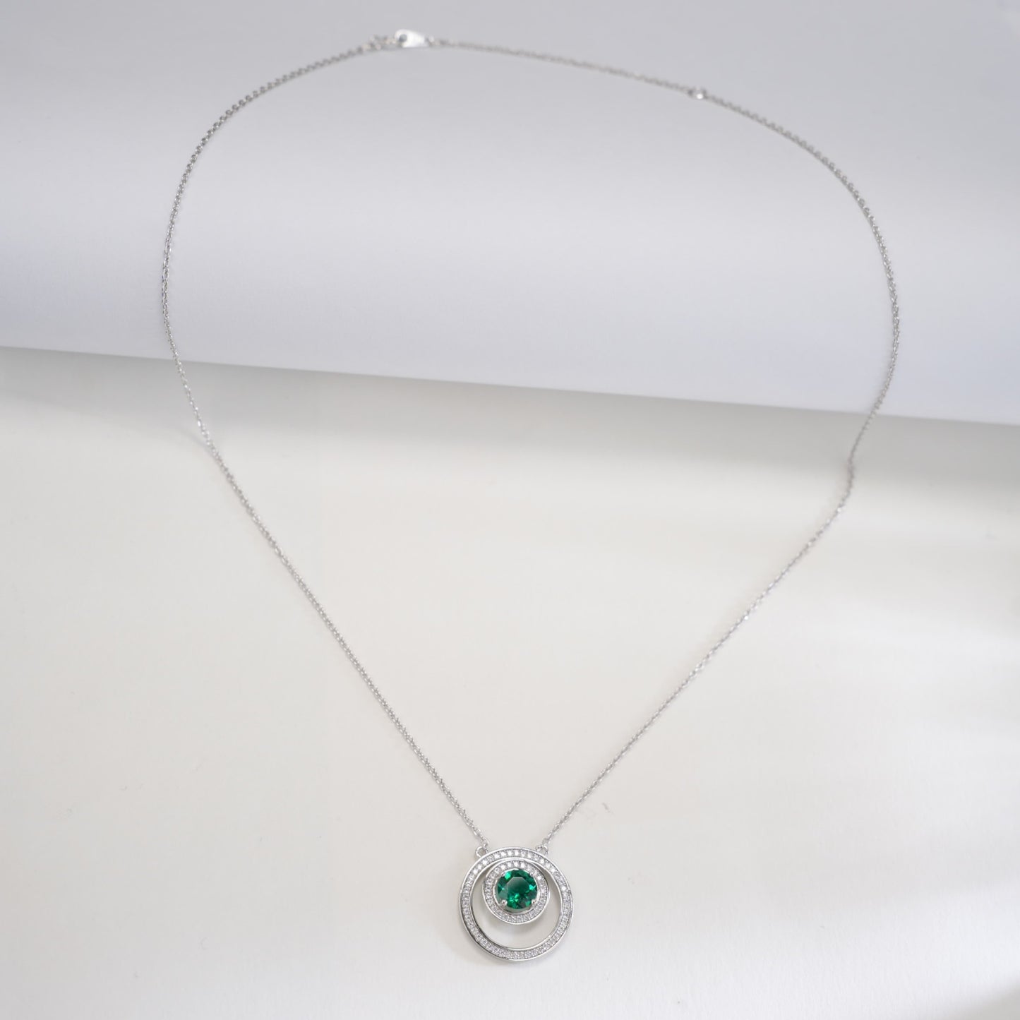 925 Sterling Silver Lab Emerald Double-Ring Starburst Necklace, French Gift - Photo 4