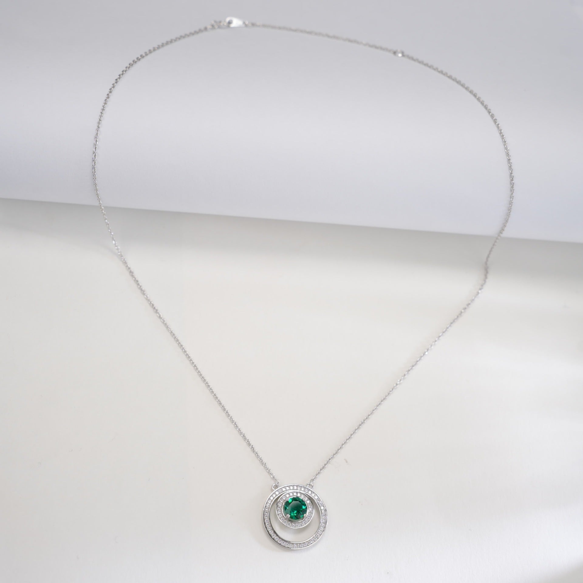 925 Sterling Silver Lab Emerald Double-Ring Starburst Necklace, French Gift - Photo 4