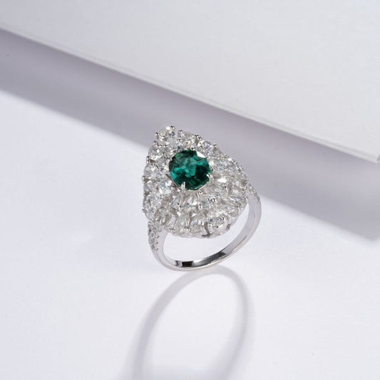 S925 Sterling Silver Lab Emerald Floral Cluster Pave Ring, Premium Elegant for Women - Photo 3
