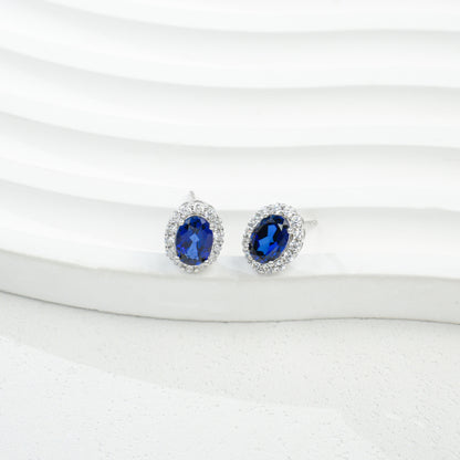 S925 Sterling Silver Oval Lab Sapphire Pave Halo Stud Earrings, Versatile - Photo 6
