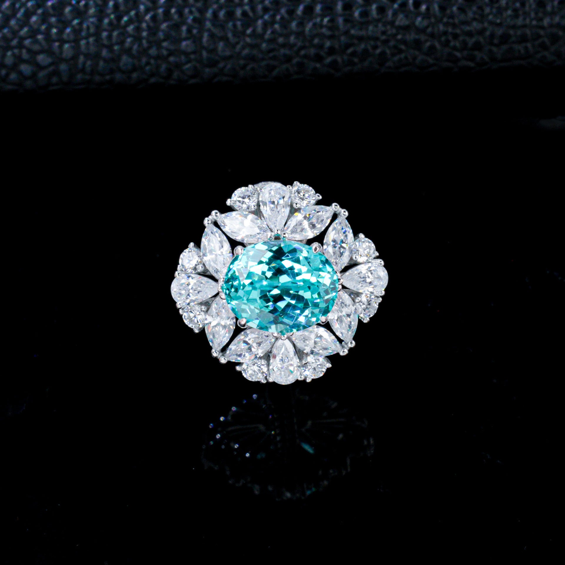 S925 Silver Oval Lab Paraiba Tsavorite Full Pear Diamond Halo Ring, Evening - Photo 2