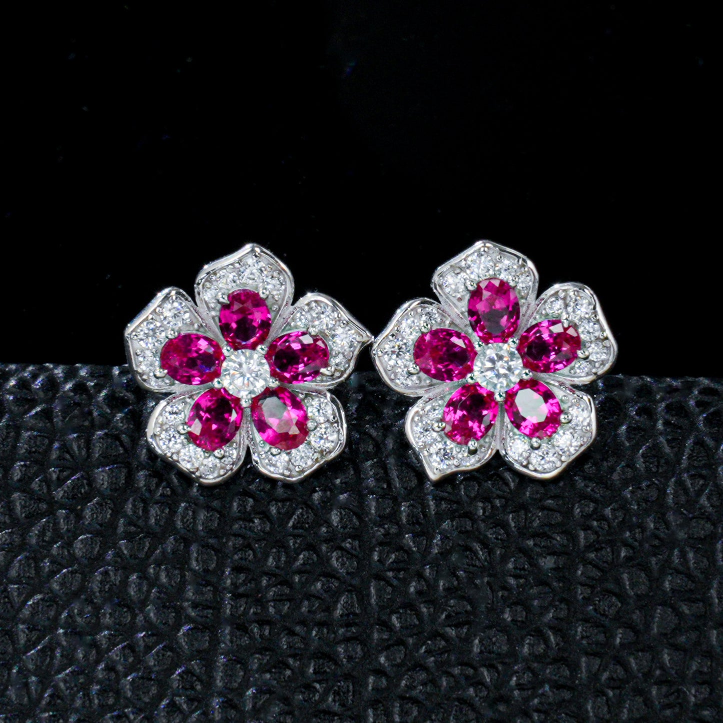 S925 Silver Lab Ruby Flower Stud Earrings, Luxurious Full Diamond - Photo 2