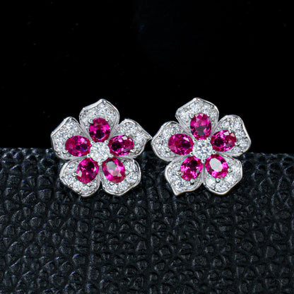 S925 Silver Lab Ruby Flower Stud Earrings, Luxurious Full Diamond - Photo 2