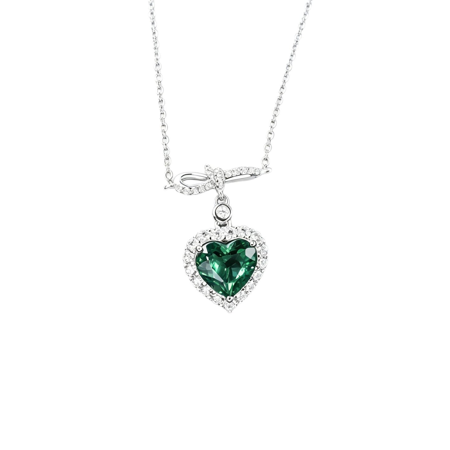 S925 Silver Heart Lab Emerald Full Diamond Halo Necklace, Premium - Photo 5