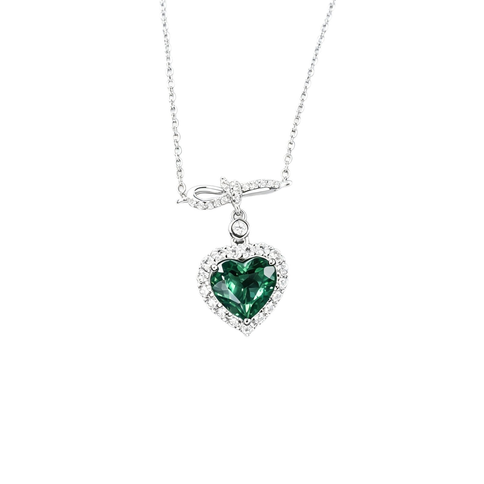 S925 Silver Heart Lab Emerald Full Diamond Halo Necklace, Premium - Photo 5