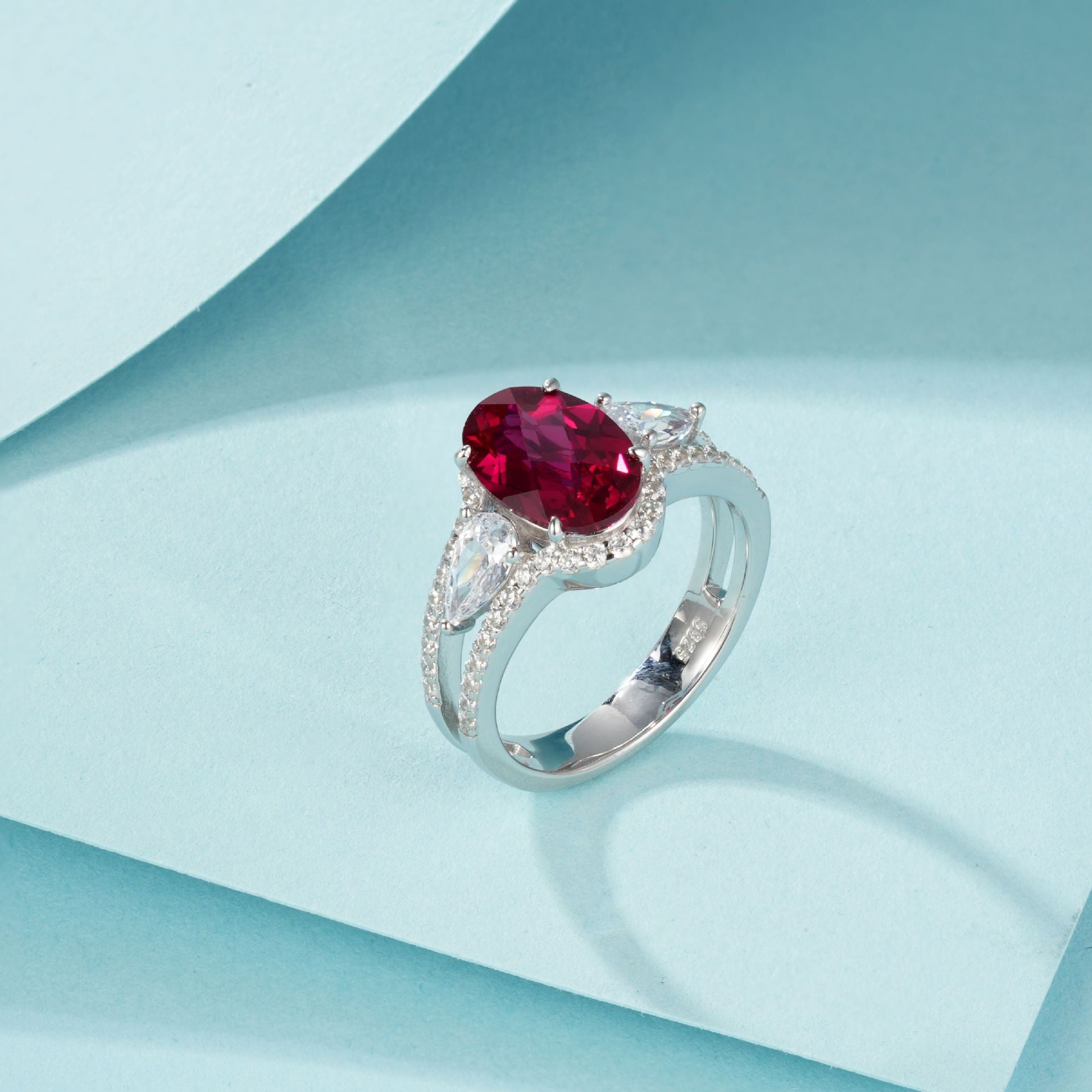 S925 Sterling Silver coloured Gemstone Ring, Oval Double Teardrop for Women - Photo 3