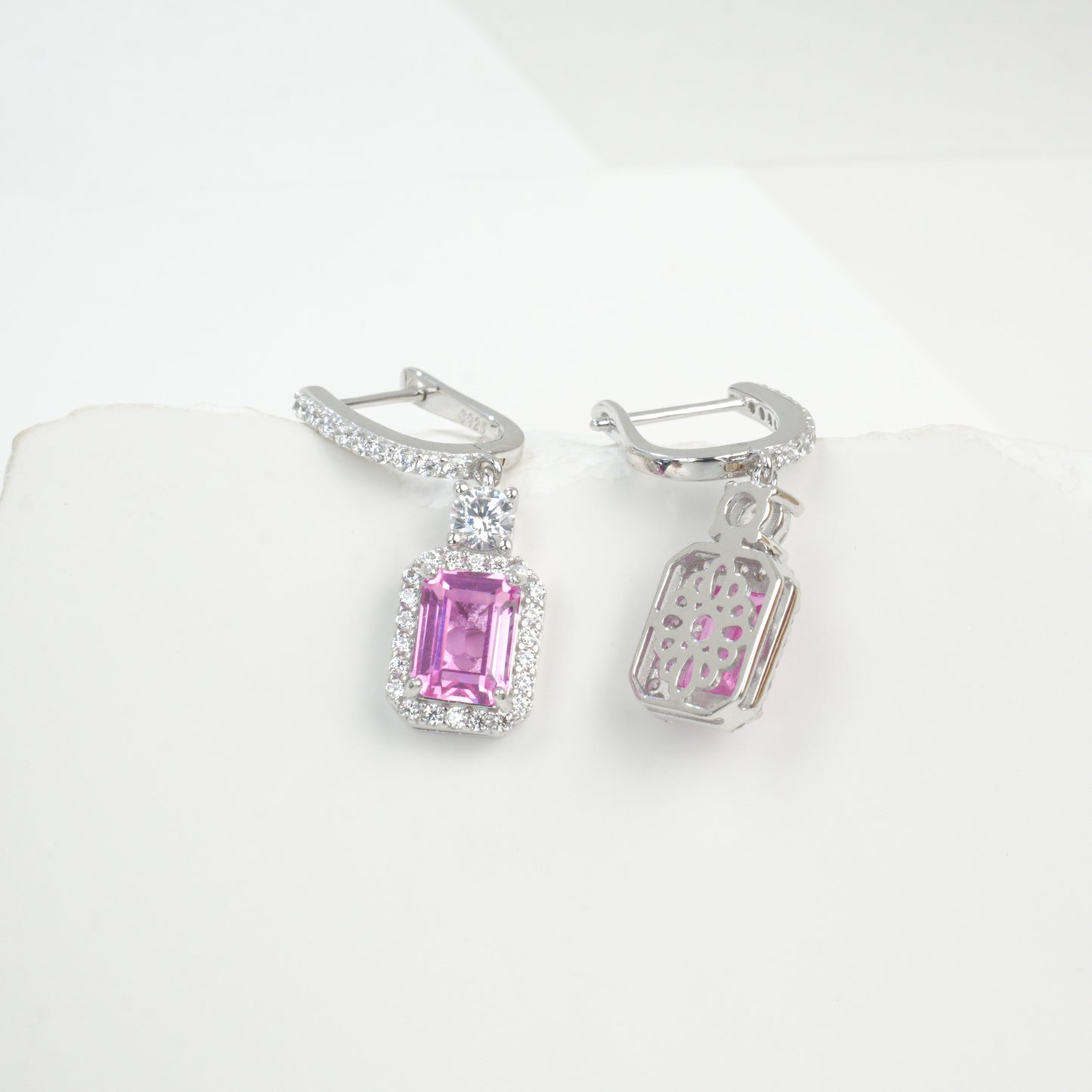 S925 Sterling Silver Lab Padparadscha Square Emerald-Cut Drop Earrings, Vintage Versatile - Photo 4