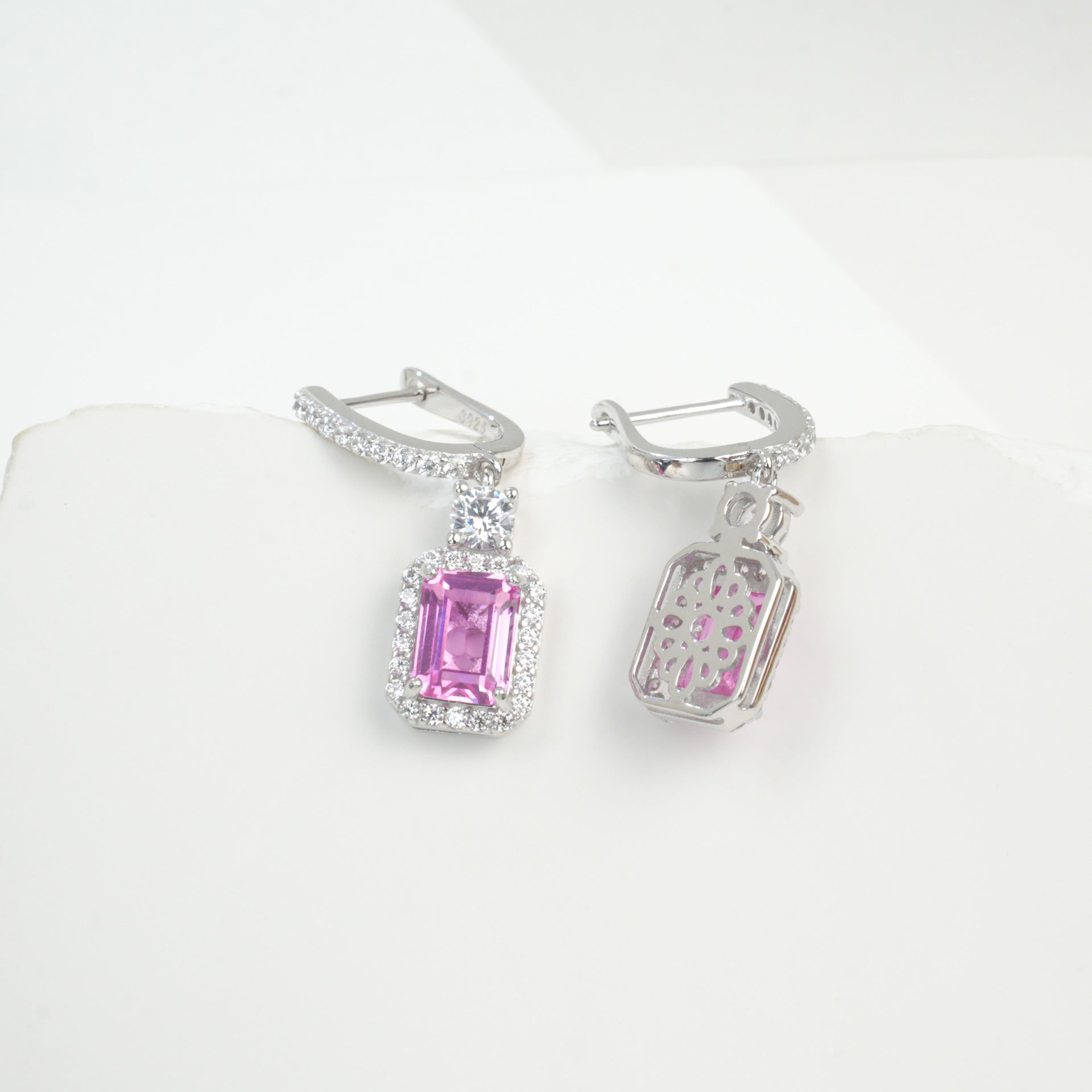 S925 Sterling Silver Lab Padparadscha Square Emerald-Cut Drop Earrings, Vintage Versatile - Photo 4