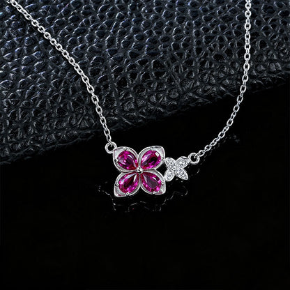 S925 Silver Ruby Four-Petal Flower Butterfly Pendant, Small Butterfly Simple - Photo 4